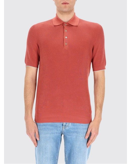 Brunello Cucinelli Red Cotton Knit Polo Shirt for men