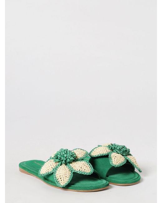 Paloma Barceló Green Suede Low-Heeled Open-Toe Mules Paloma Barceló With Raffia Flower
