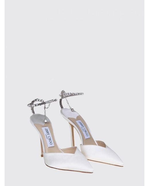 Jimmy Choo White Saeda Crystal-Embellished Satin High-Heel Pumps