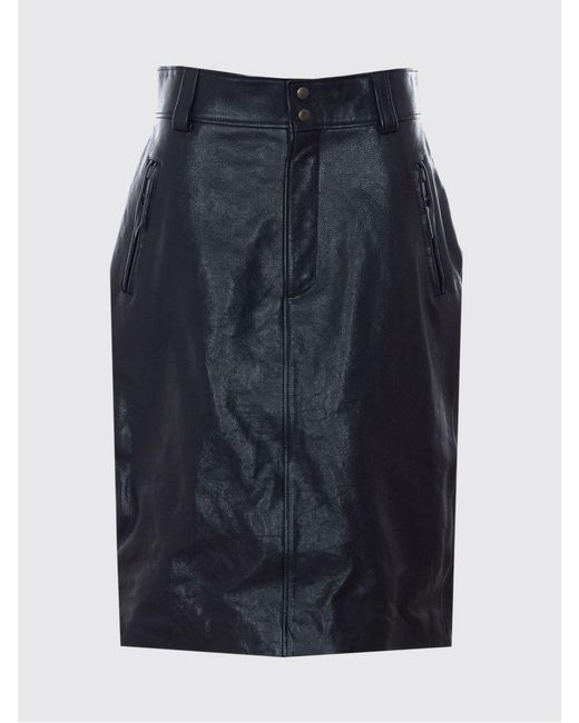 Saint Laurent Blue High-Waisted Leather Pencil Mini Skirt With Buttons