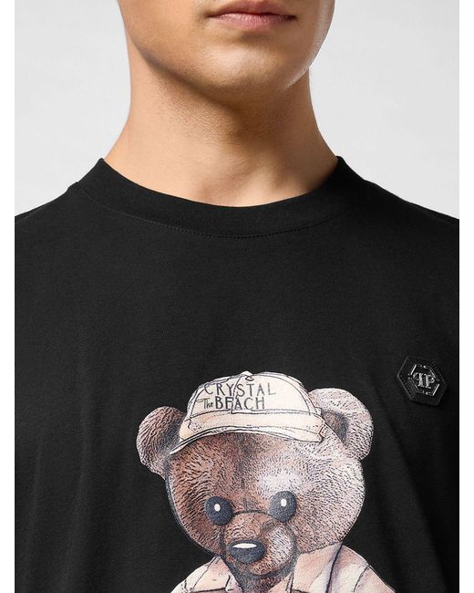 Philipp Plein Black Slim Fit Teddy Bear Print Cotton T-Shirt With Contrast Logo for men