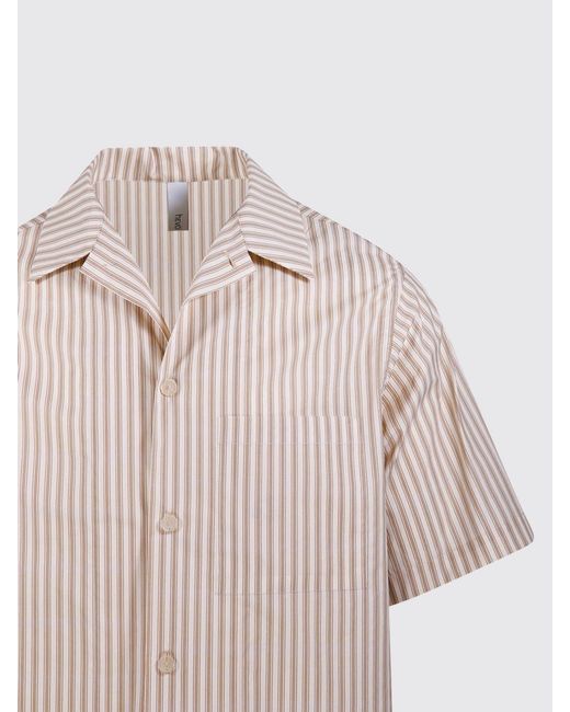 Hevò Natural Striped Cotton Bowling Shirt With A Cuban Collar And Patch Pocket for men