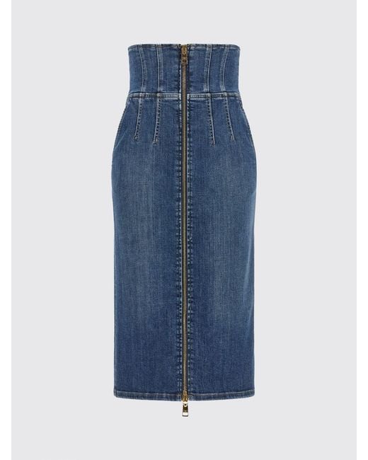 Elisabetta Franchi Blue High-Waisted Cotton Denim Midi Pencil Skirt