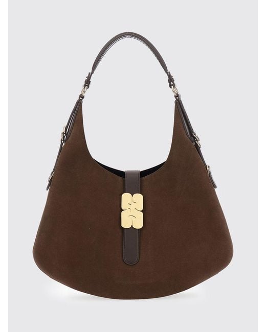 Ganni Brown Monogram Suede Shoulder Bag With Metallic Butterfly Logo