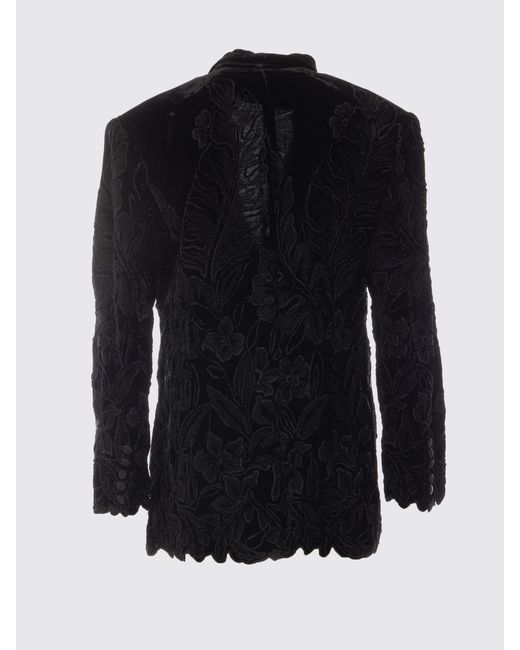 Balmain Blue Double-Breasted Velvet Blazer With Floral Embroidery And Shawl Collar