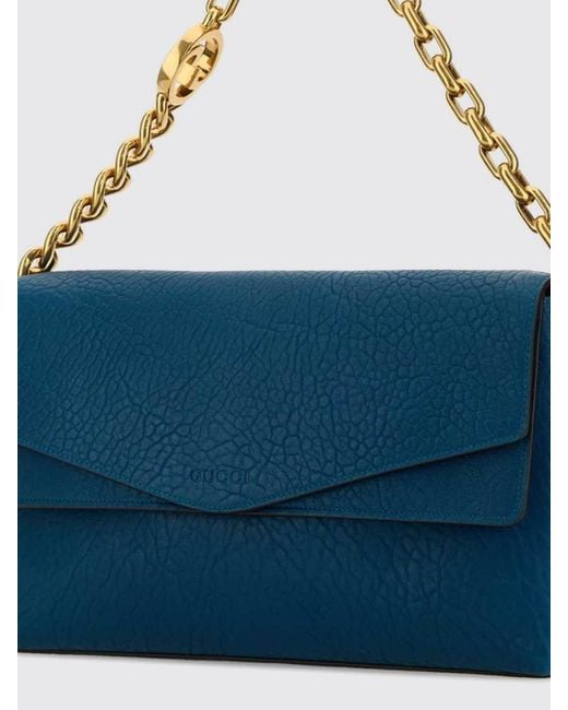 Gucci Blue Grained Leather Shoulder Bag With Removable Chain Handle
