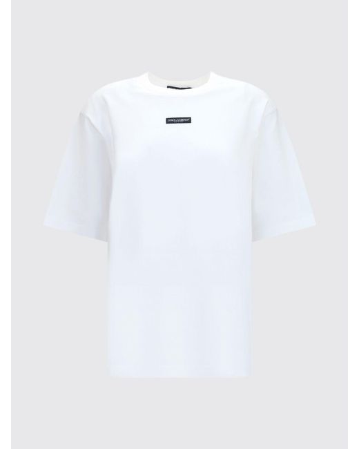 Dolce & Gabbana White Dolce &Amp Gabbana Cotton Crewneck T-Shirt With Contrast Logo And Dropped Shoulders