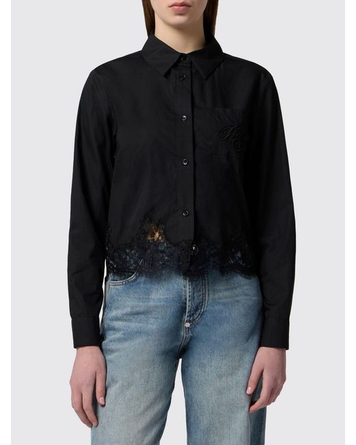 Philipp Plein Black Cotton Shirt With French Collar And Lace Inserts