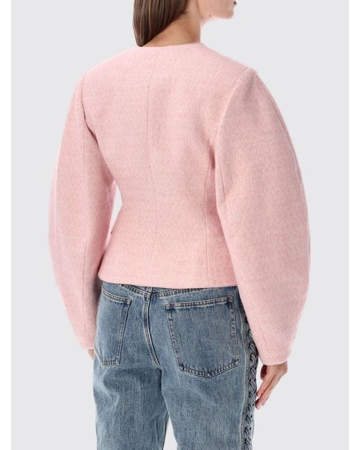 ROTATE BIRGER CHRISTENSEN Pink Cropped Wool-Blend Blazer With Chevron Pattern And Puff Sleeves