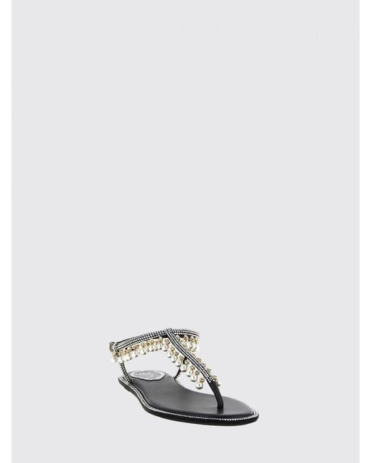 Rene Caovilla White Diana Low-Heeled Leather Thong Sandals With Pearls And Crystals