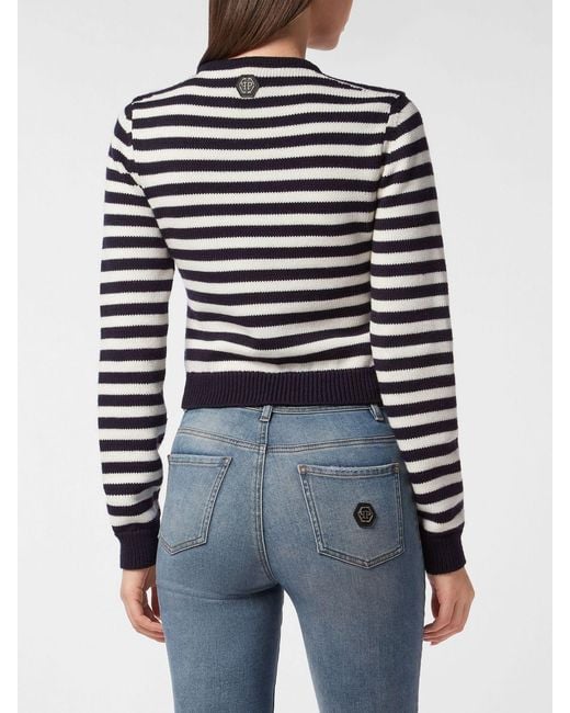 Philipp Plein Blue Cropped Striped Teddy Bear Wool Blend Jumper