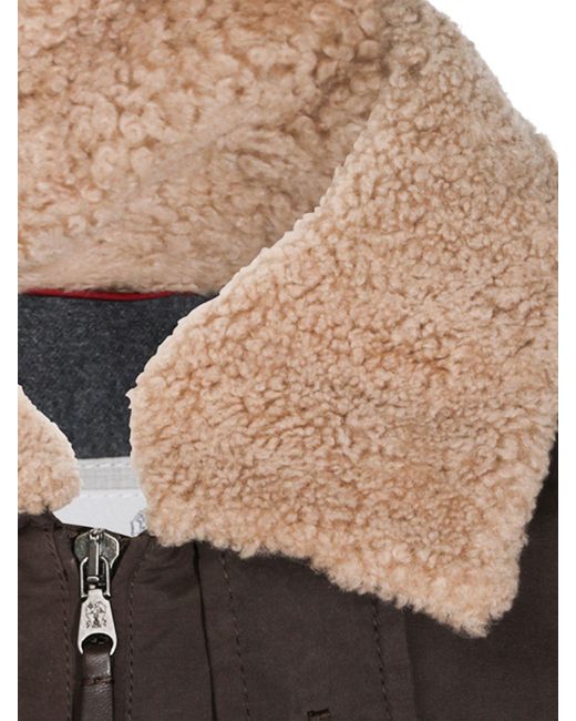 Brunello Cucinelli Brown Suede Bomber Jacket With Shearling Collar And Padding for men