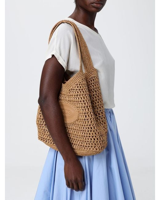 Tod's Natural Crochet Raffia Shopping Bag