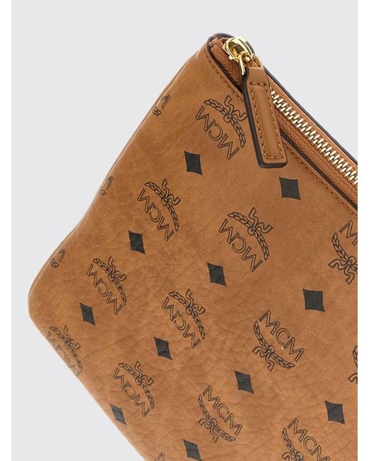 MCM Brown Aren Calfskin Leather Pouch With Embossed Logo And Detachable Strap