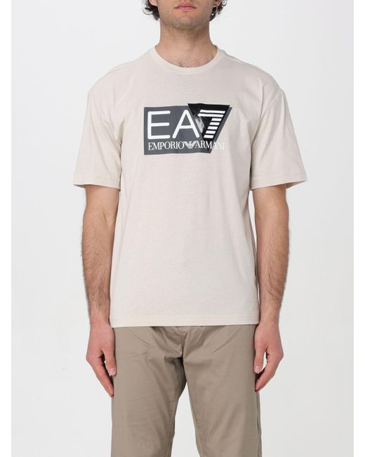 T-shirt in cotone con logo di EA7 in Natural da Uomo