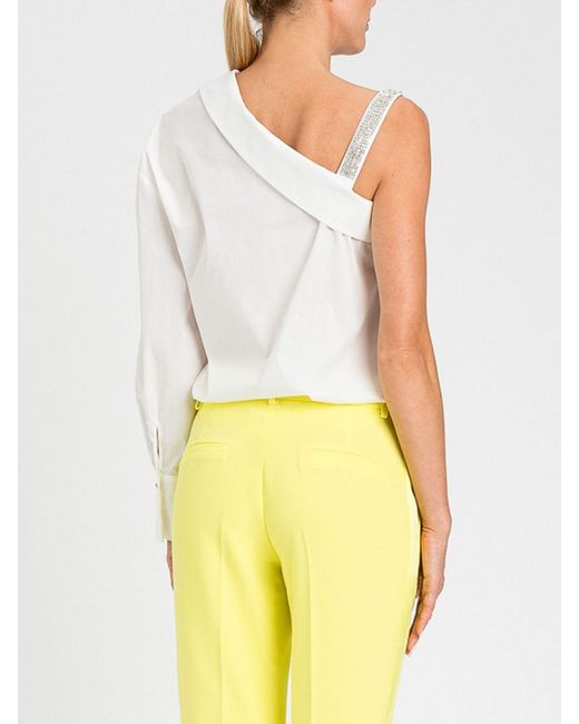 Twinset Yellow One-Shoulder Cotton Shirt With Rhinestones