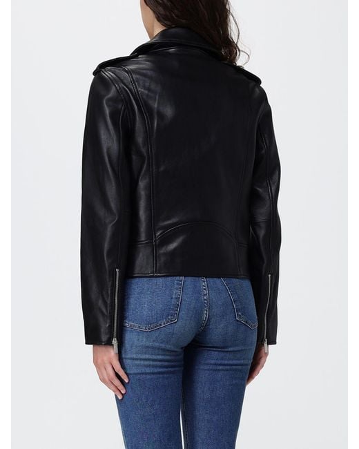 Twinset Black Leather Biker Jacket With Asymmetrical Zip And Shoulder Epaulettes