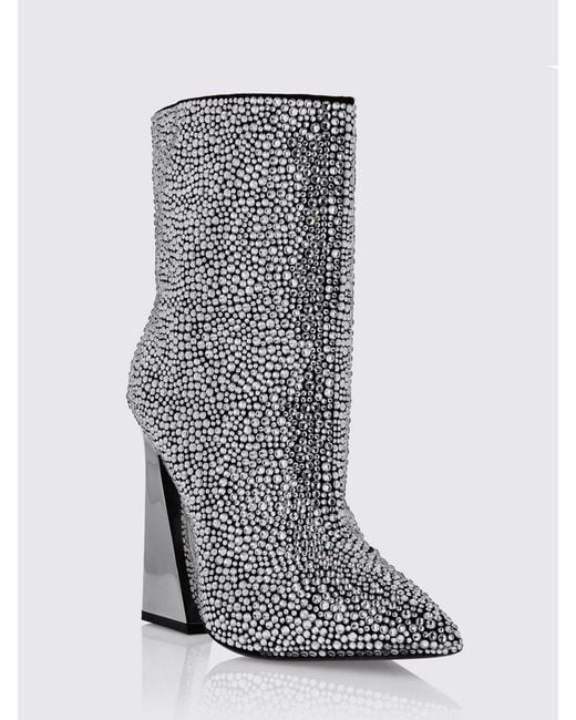 Philipp Plein Gray Almond-Toe Leather Ankle Boots With Swarovski Crystals And High Heels