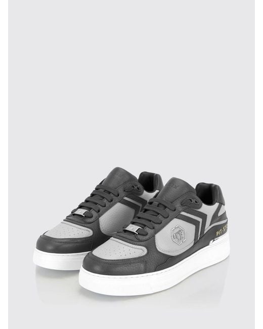 Philipp Plein Gray Pit-$Top Monogram Leather Low-Top Trainers With Hexagon Logo for men