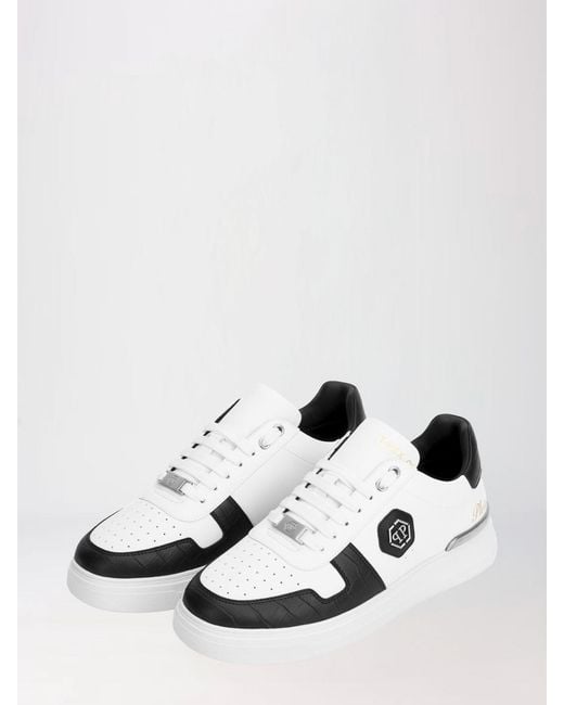 Philipp Plein White Low-Top Smooth Leather Sneakers With Hexagon Logo for men