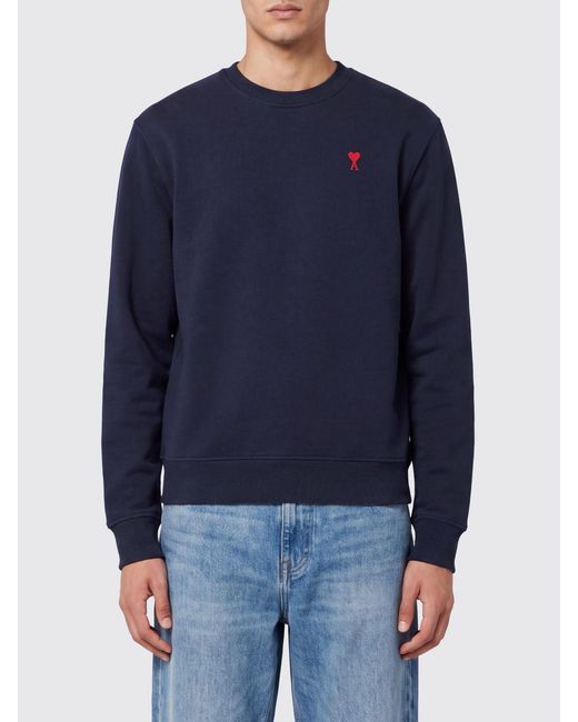 AMI Blue Relaxed Fit Cotton Crewneck Sweatshirt With Contrast Embroidered Logo for men