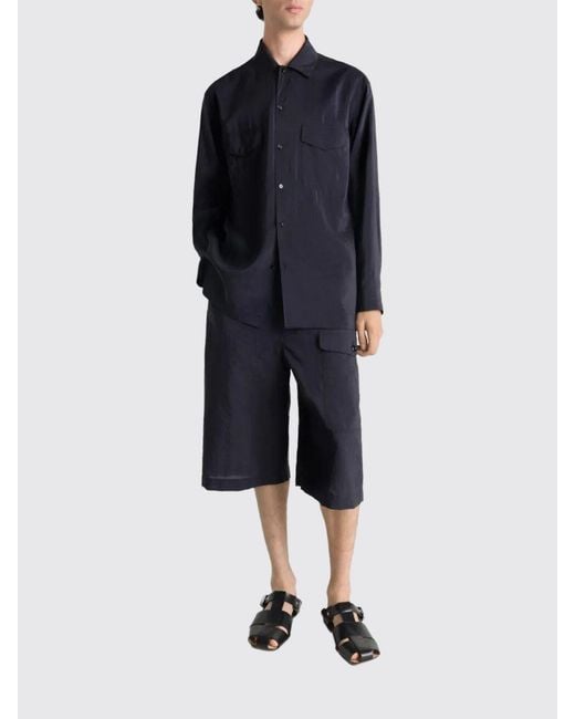Lemaire Blue Knee-Length Cotton Cargo Shorts With Side Pockets And Drawstring for men