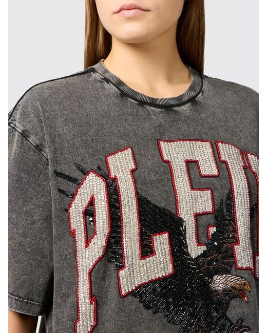 Philipp Plein Black Cotton Crewneck T-Shirt With Graphic Print, Rhinestones And Sequins