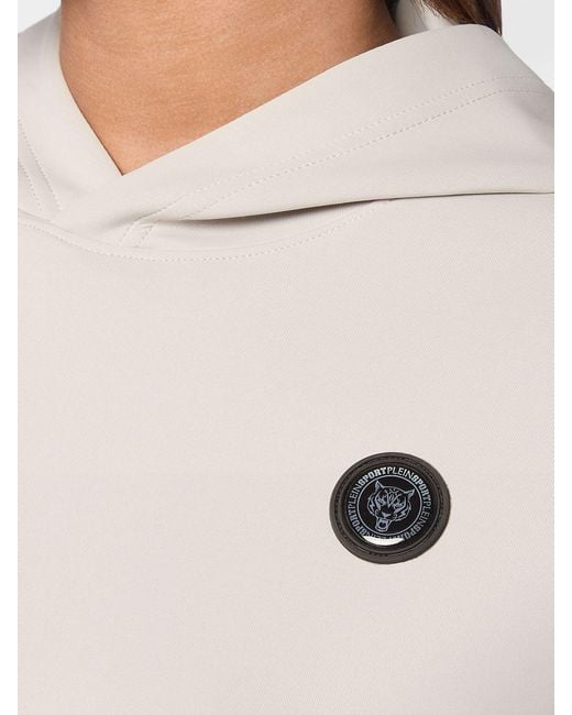 Philipp Plein Natural Cropped Hooded Jersey Sweatshirt With Contrasting Logo