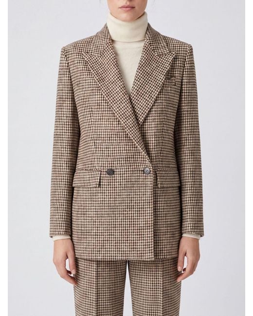 Dondup Natural Double-Breasted Houndstooth Wool Blend Blazer With Peak Lapels