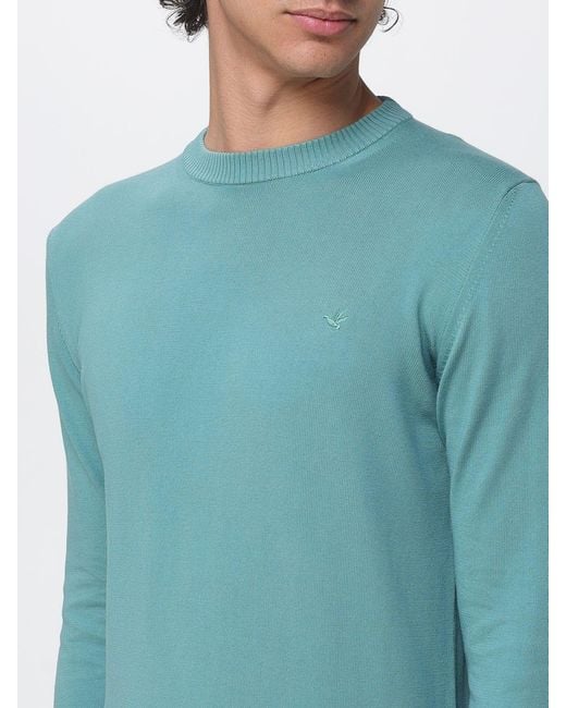 Brooksfield Blue Cotton Crew Neck Sweater With Logo for men