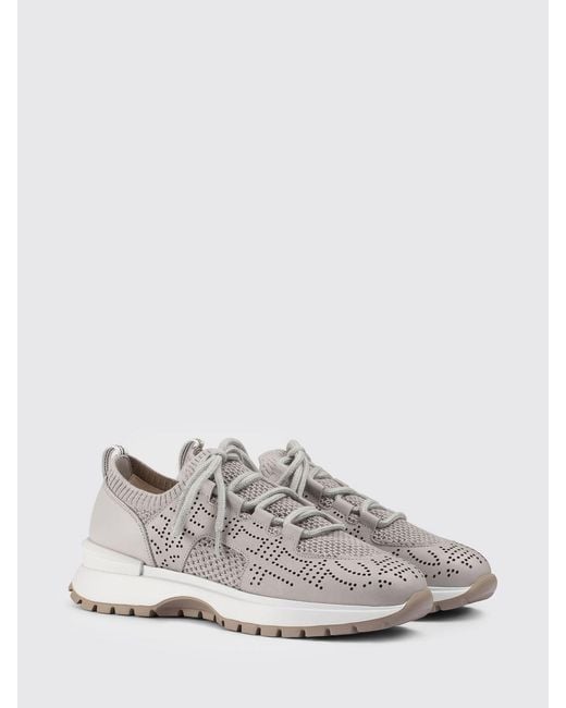 Doucal's White Perforated Leather And Crochet Knit Sneakers