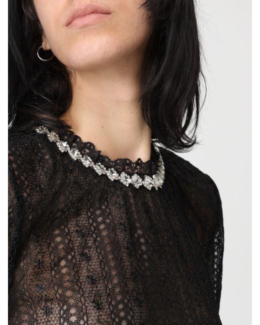 Self-Portrait Black Lace Top With Jewel Crew Neck