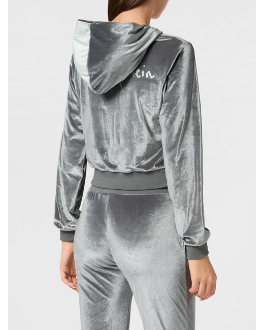 Philipp Plein Gray Cropped Velvet Zip-Up Hoodie With Rhinestone Logo Detail