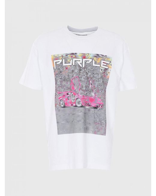 Purple White Graphic Print Cotton T-Shirt With Contrasting Logo for men