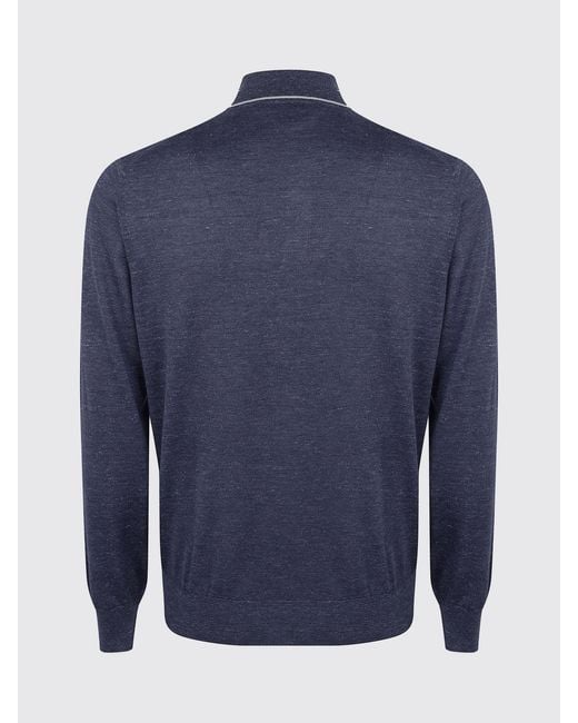 Brunello Cucinelli Blue Cashmere Silk And Hemp Knit Polo Shirt for men