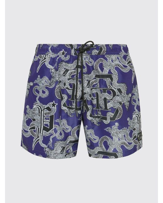 Philipp Plein Blue Printed Polyester Swimsuit for men