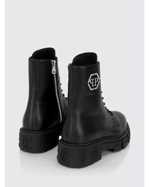 Philipp Plein Black Monogram Calfskin Combat Boots With Hexagon Logo for men