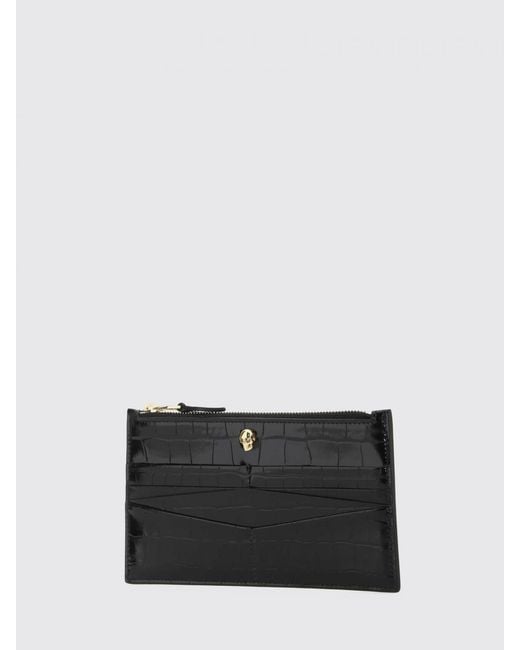 McQueen Black Skull Crocodile Print Leather Card Holder