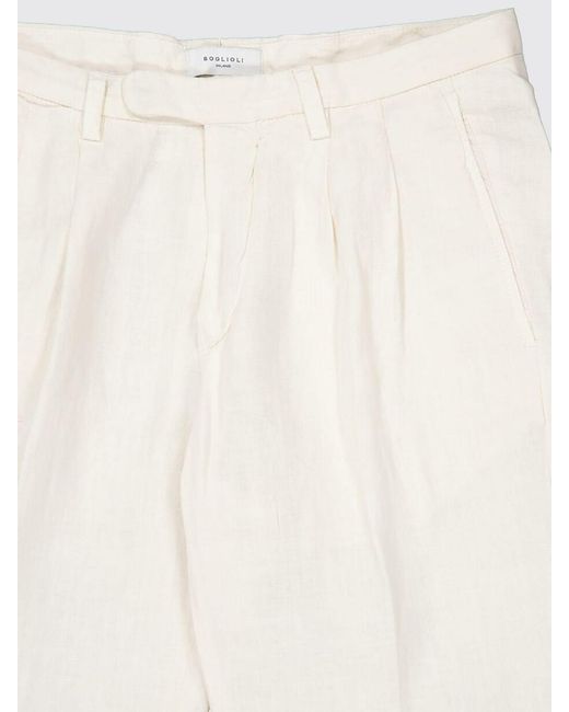 Boglioli White Slim Fit Linen Tailored Trousers With Belt Loops for men