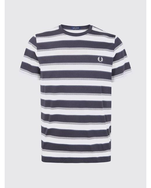 Fred Perry Blue Striped Cotton T-Shirt With Logo for men