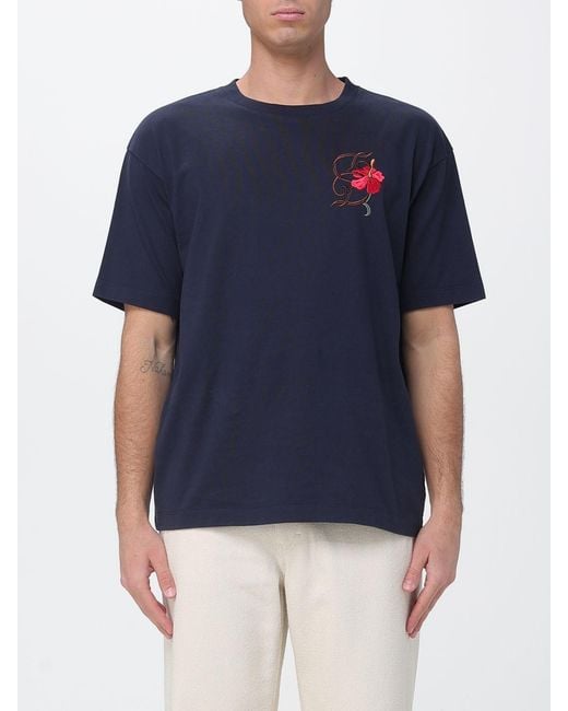 Drole de Monsieur Blue Cotton T-Shirt With Flower for men