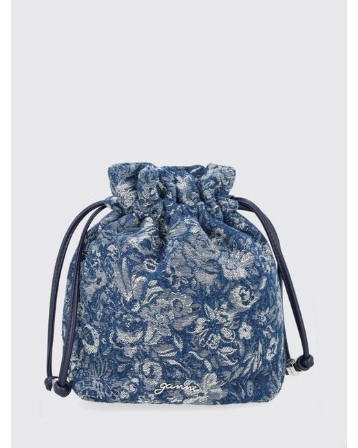 Ganni Blue Mini Floral Jacquard Cotton Bucket Bag