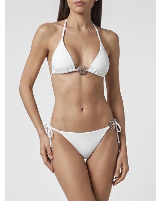 Philipp Plein Natural Triangle Bikini Top With Monogram Print And Hexagon Logo