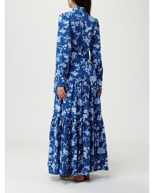Mc2 Saint Barth Blue Elegant Floral Print Maxi Dress With Long Sleeves And Tiered Skirt