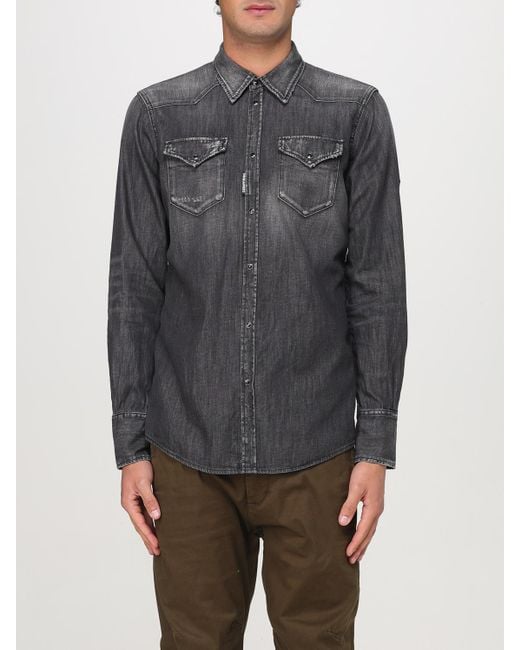 DSquared² Gray Denim Western Shirt Long Sleeves for men