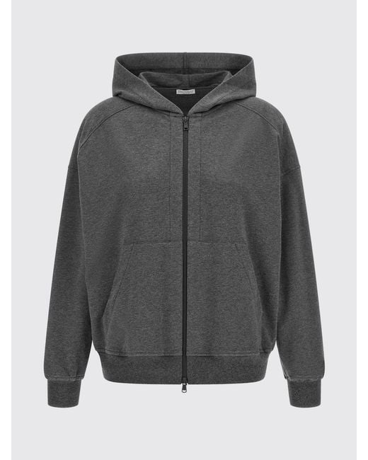 Brunello Cucinelli Gray Cotton Hooded Zip-Up Sweatshirt With Kangaroo Pocket