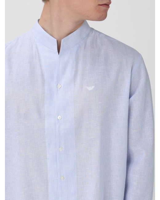 Camicia in misto cotone con logo ricamato di Emporio Armani in Blue da Uomo
