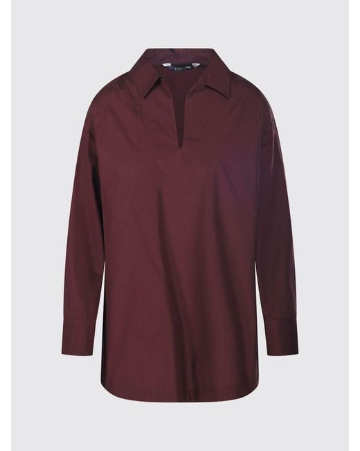 Max Mara Red Striped Cotton V-Neck Relaxed Fit Blouse