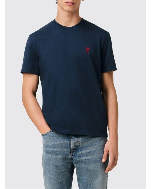 AMI Blue Basic Cotton T-Shirt With Mini Logo for men