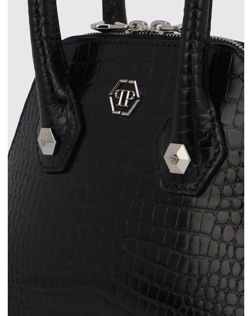 Philipp Plein Black Crocodile-Print Calfskin Leather Handbag With Hexagon Logo